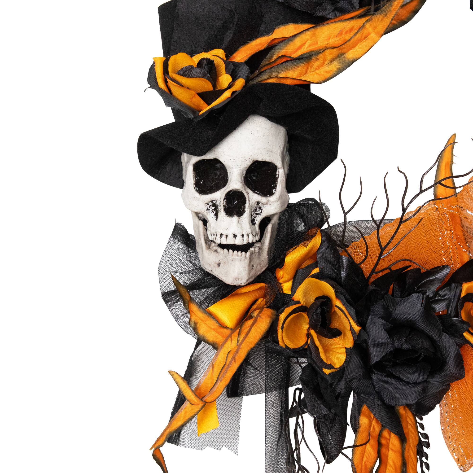 14" Skull with Black & Orange Roses Halloween Wreath